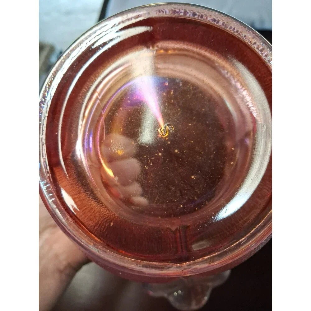 L E SMITH - Pink Iridescent - Carnival Glass - Leaf/Shell Vase - MCM vintage VGC